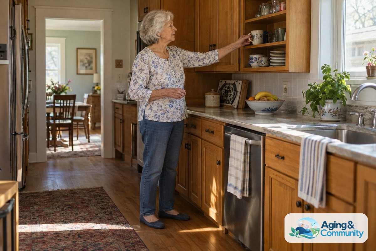 Why Fall Prevention Is Important for Older Adults 1 An older woman reaches for a ceramic mug on a shelf just below shoulder height beside an uncluttered kitchen counter.