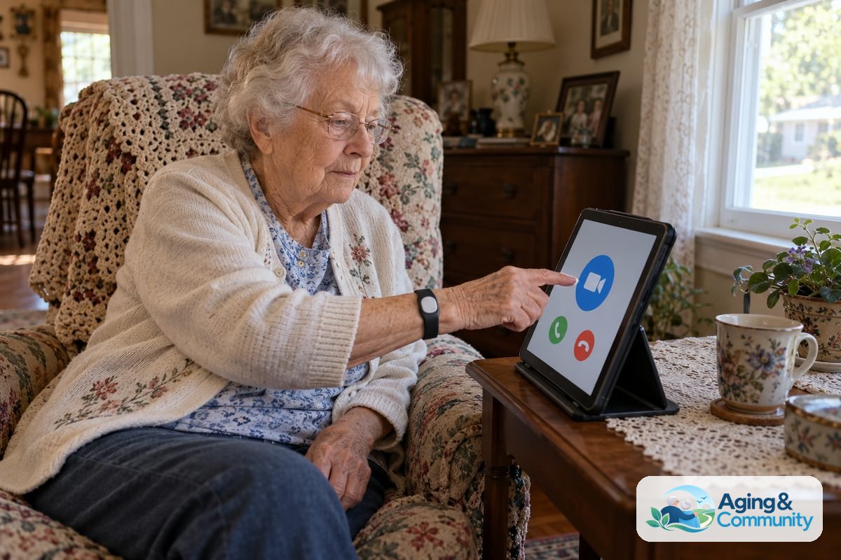 An older woman wearing an alert wristband taps a tablet on a stand beside her living room armchair.