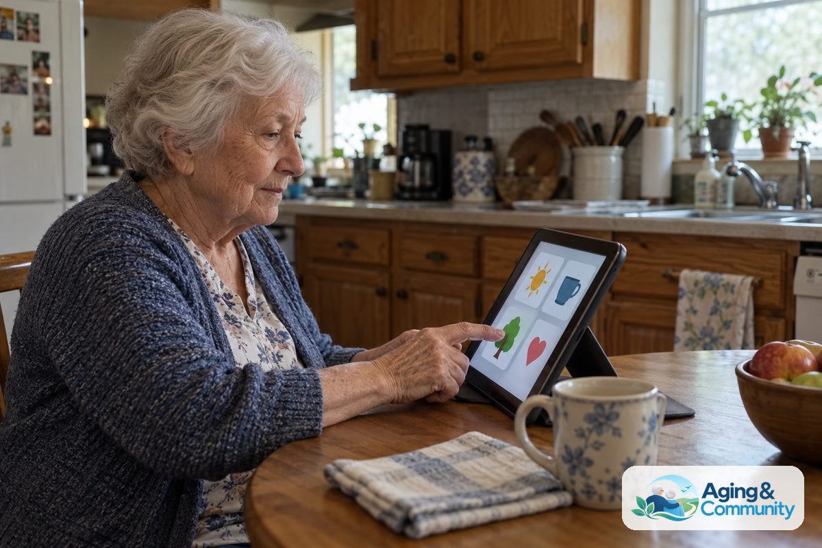 A woman sits at a wooden kitchen table and taps a large icon on a tablet supported by an angled stand.