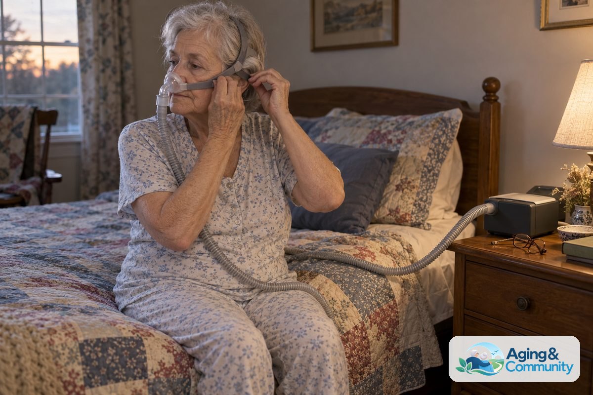 A woman sits upright on her bed and adjusts the side strap of a CPAP nasal mask connected to a bedside device.