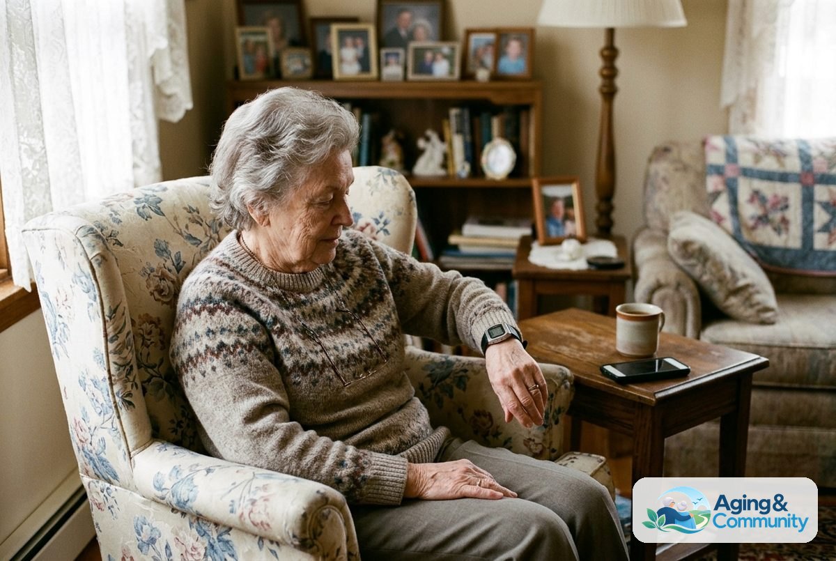 An older woman seated beside a wooden end table looks at a watch on her wrist while a smartphone rests nearby.