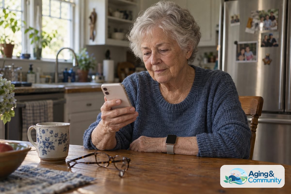 A woman wearing a smartwatch sits at a wooden kitchen table and taps an upright smartphone beside her reading glasses.