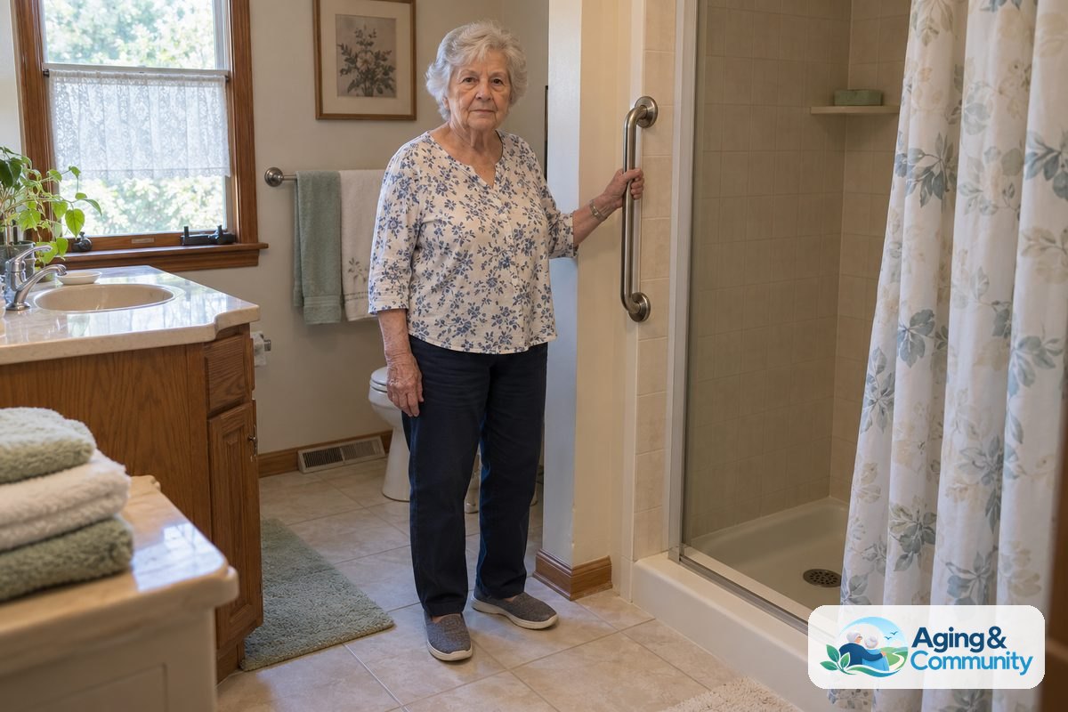 A woman holds a stainless steel grab bar beside the entrance to a tiled shower in her home.