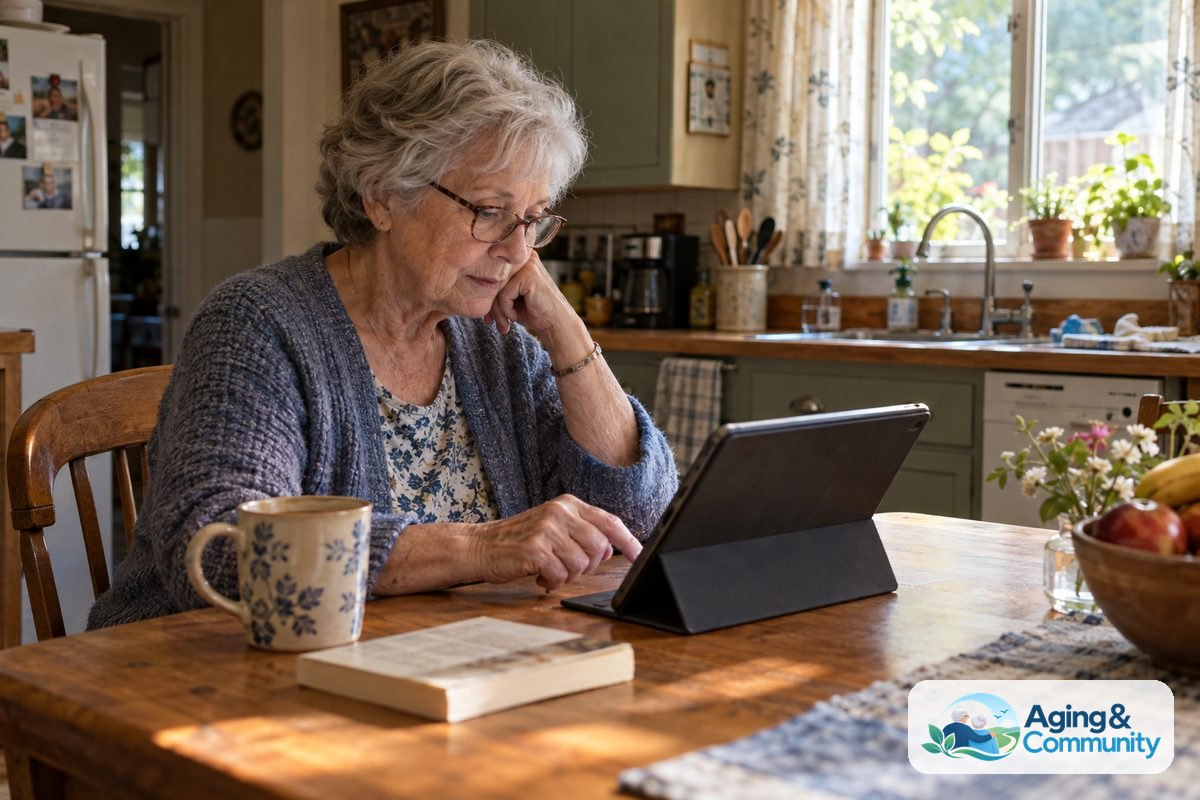 An older woman wearing reading glasses uses a tablet beside a window, with a ceramic mug and a paperback on the table.