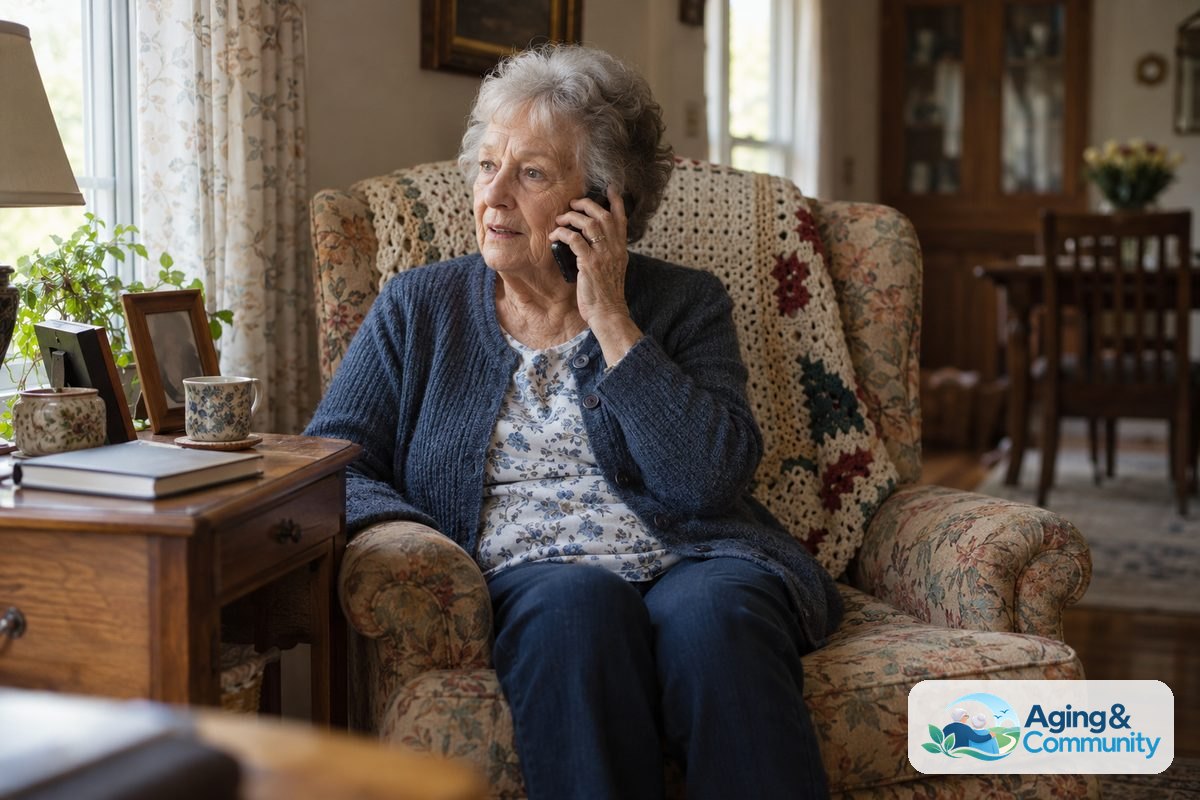 An older woman sits upright in an upholstered armchair with a phone at her ear and a notebook on the nearby table.