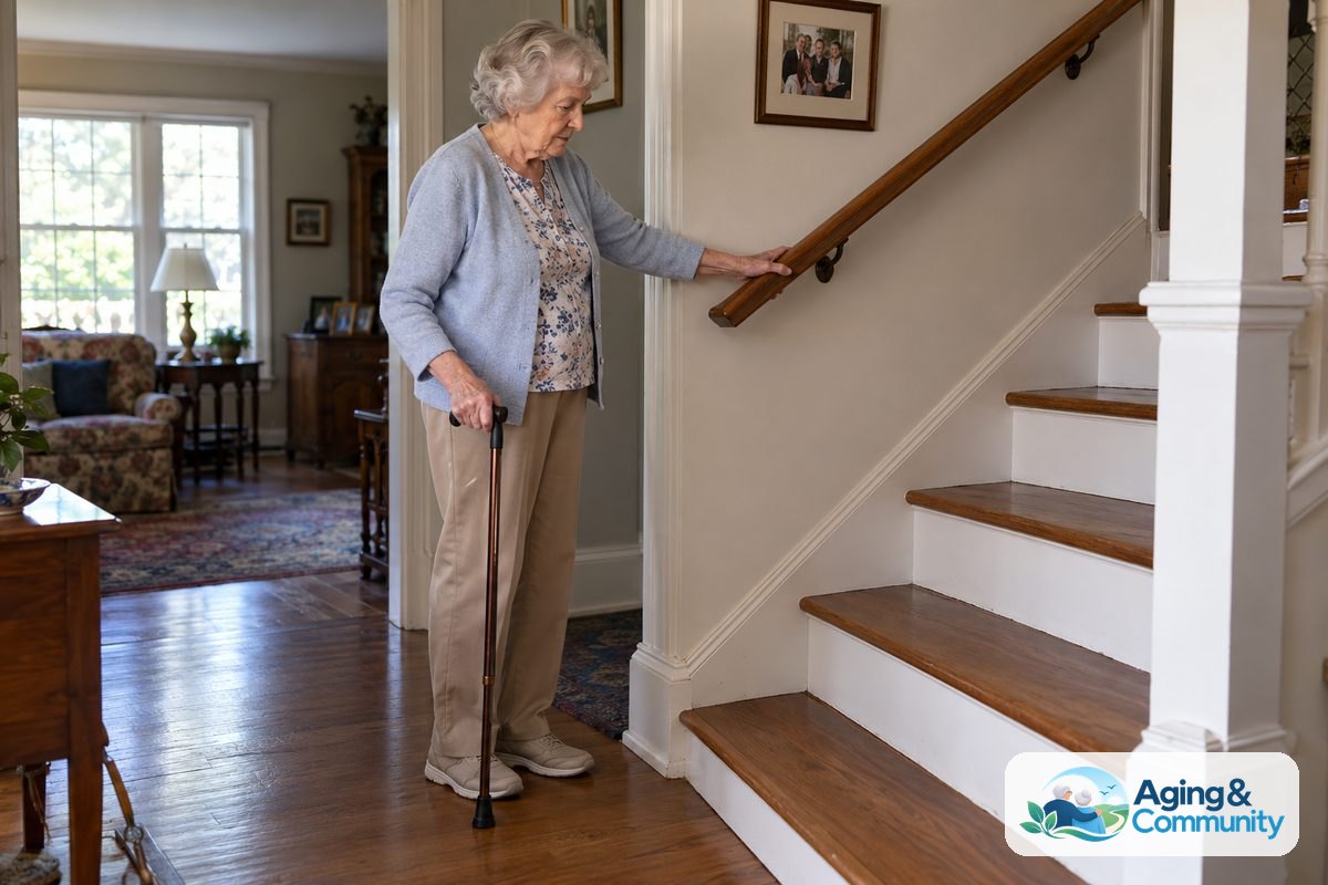 A woman holds a wooden handrail in one hand and a cane in the other while standing with both feet together at the bottom of an indoor staircase.