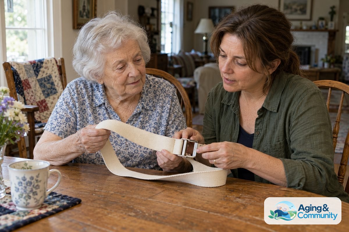 How to Choose a Gait Belt: A Practical Caregiver Guide 1 An older woman and a caregiver sit at a wooden dining table examining a cotton gait belt and its metal buckle.