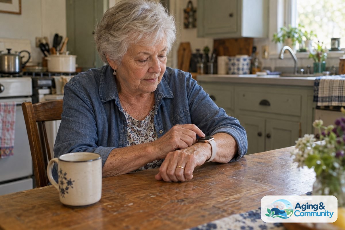 A woman seated at a wooden kitchen table looks at the Apple Watch on her wrist with her other hand resting beside it.