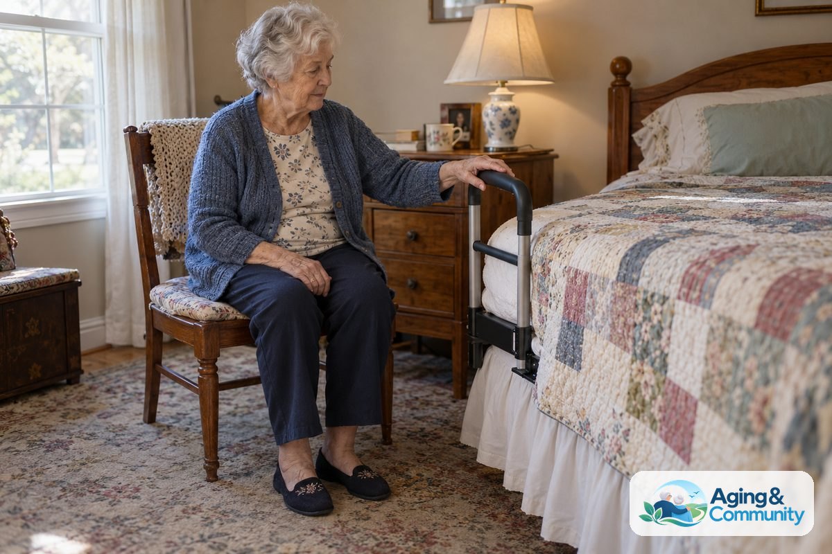 A woman seated beside her bed rests one hand on a short assist rail while looking toward its mounting bracket.
