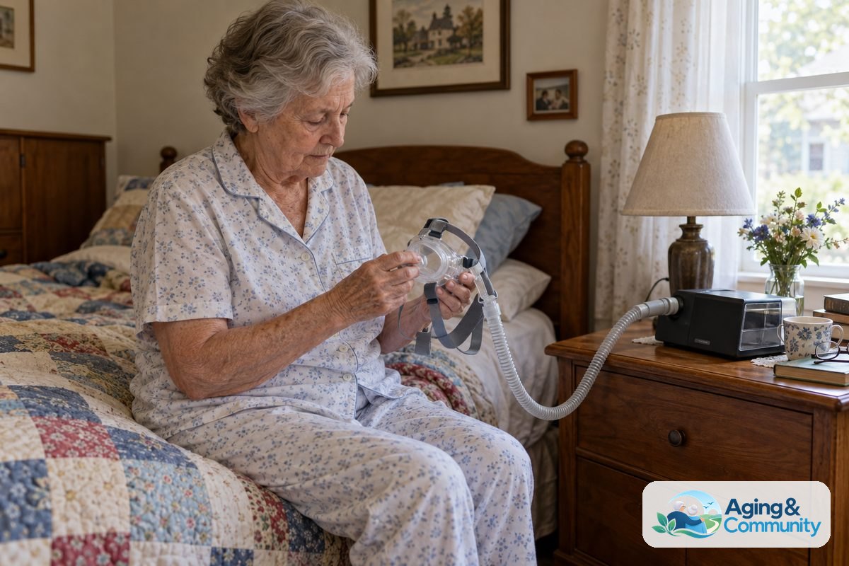 How to Choose CPAP or BiPAP for Better Sleep 1 A woman sits beside her bed holding a sleep therapy mask connected by tubing to a compact bedside machine.
