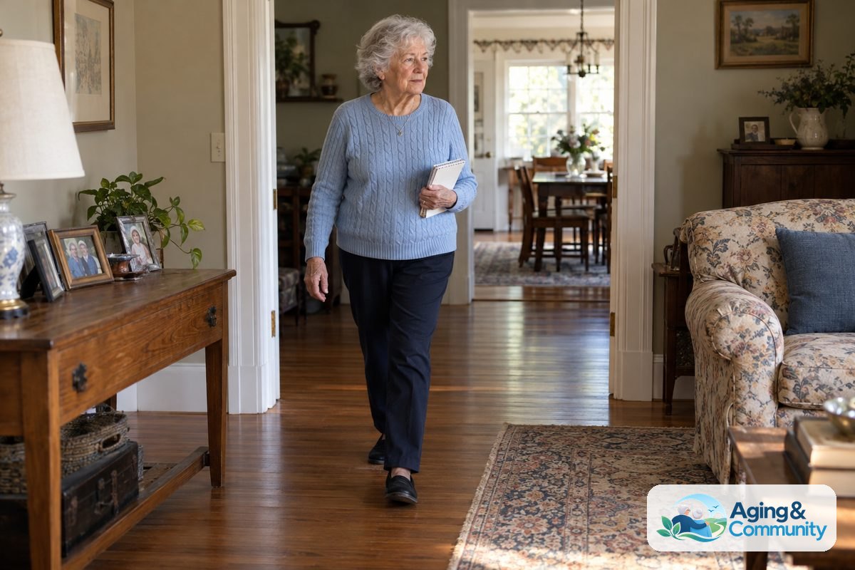 A woman walks through a clear living room doorway while holding a small notepad beside a wooden console table.