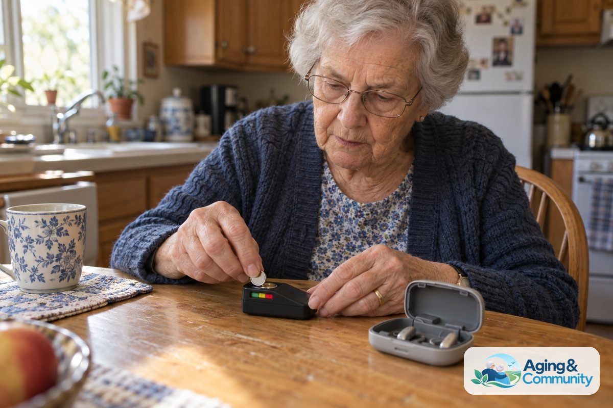 A woman seated at a wooden kitchen table presses a button cell into a small battery tester beside an open hearing aid case.