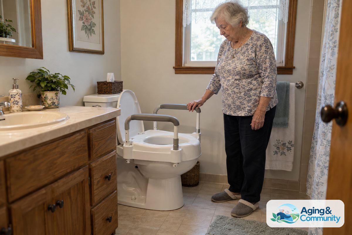 A woman stands beside a toilet fitted with a raised seat and rests one hand on its padded armrest in a modest bathroom.
