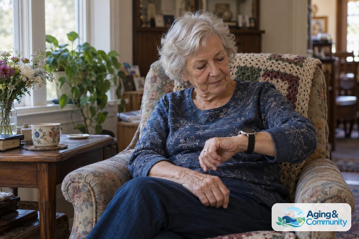 A woman seated beside a living room window looks at the round smartwatch on her wrist.