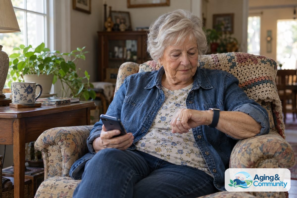 A woman seated beside a living room window looks at the smartwatch on her wrist while holding her phone.