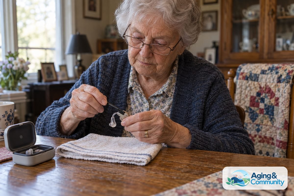 A woman sits at a wooden dining table and gently brushes a hearing aid above a folded towel.