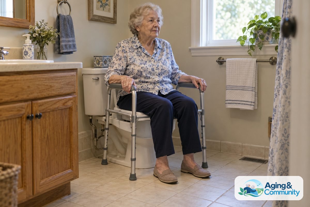 How to Use Bedside Commode Over Toilet Safely 1 A fully clothed older woman sits on a commode frame over a toilet with both hands on the armrests and both feet flat on the tile.