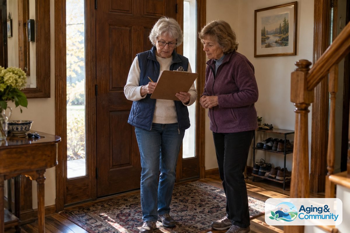 An older woman holds a clipboard while a companion stands beside her near a clear entryway and a small table.