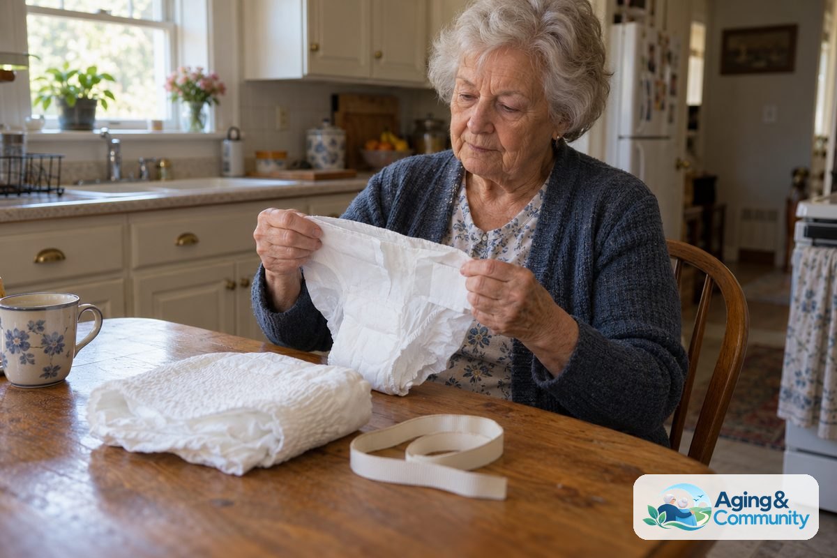 An older woman seated at a wooden kitchen table examines a white absorbent brief beside a folded pull up garment and a cloth measuring tape.