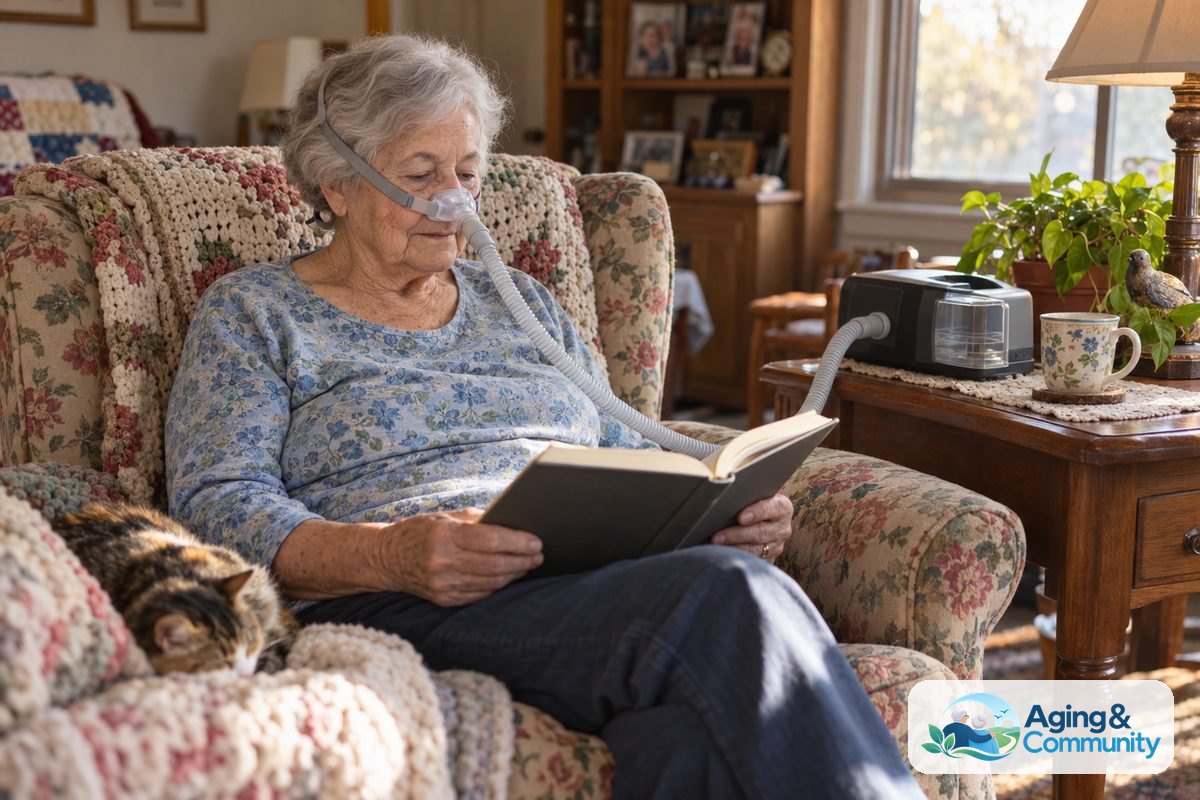 A woman seated in an upholstered armchair wears a nasal CPAP mask connected to a machine on the table beside her.