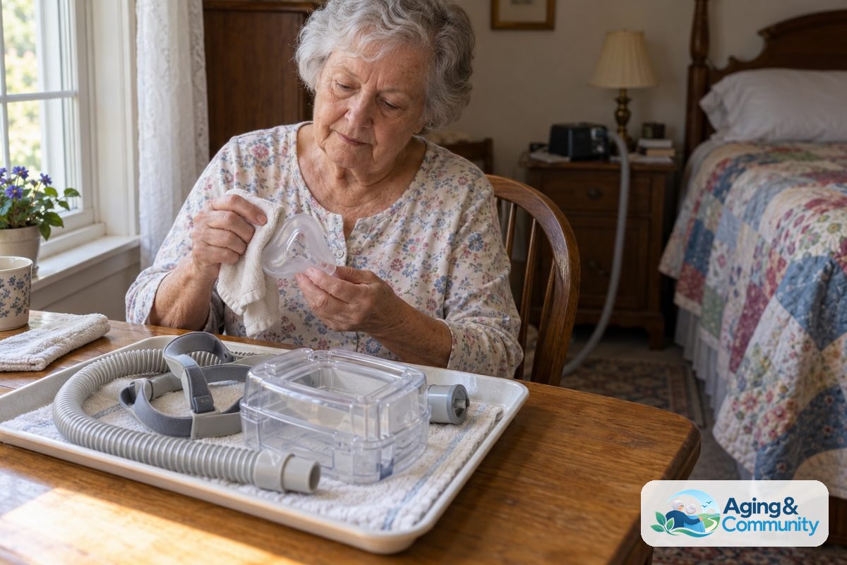 An older woman wipes a silicone CPAP mask cushion with a damp cloth beside a neatly arranged tray of equipment.
