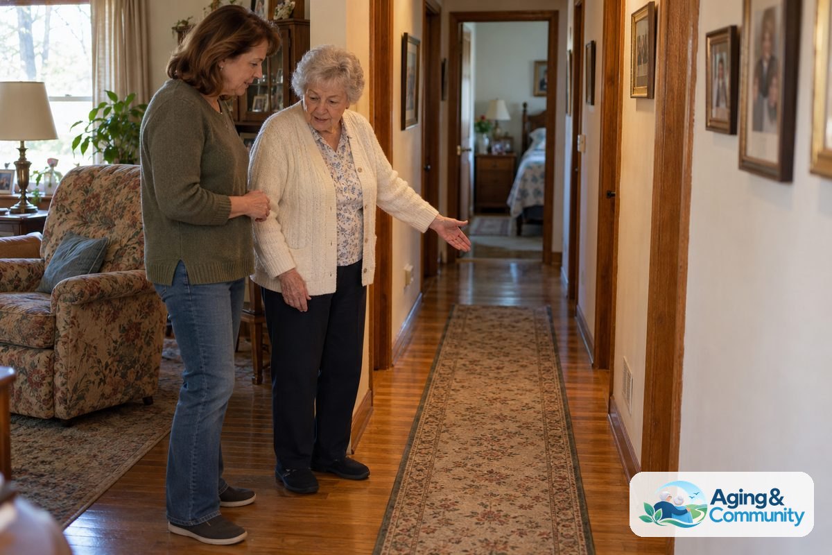 Elderly Fall Statistics Families Should Know 1 An older woman and her adult daughter stand beside a hallway doorway and look together toward the clear walking path.