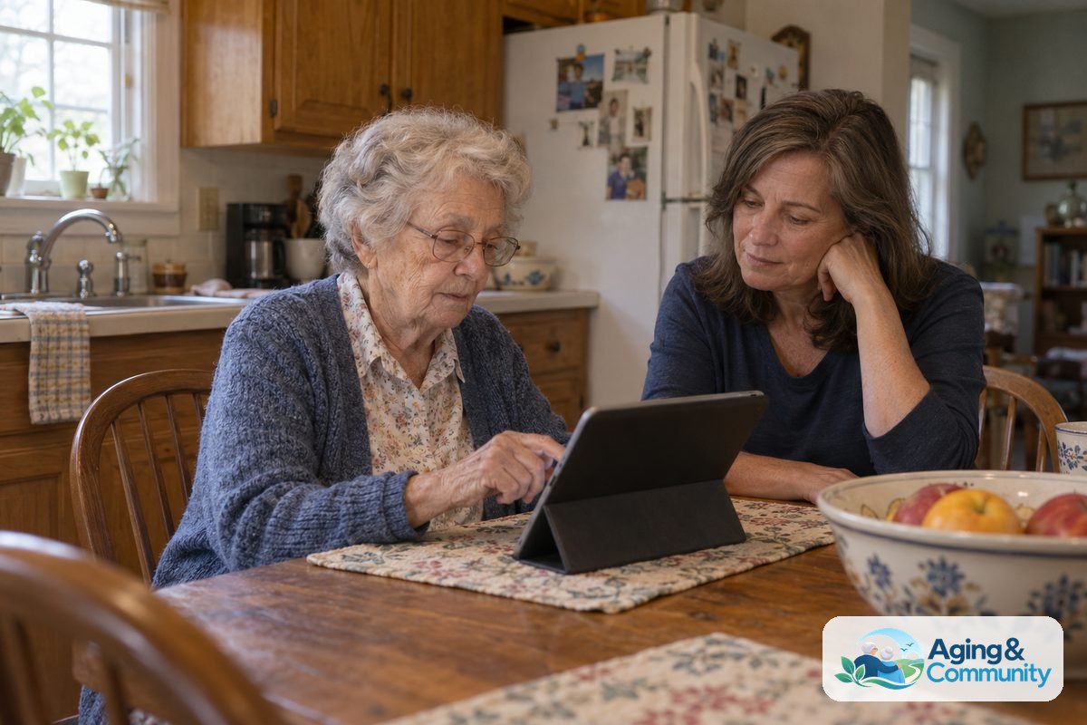 Email for Seniors with Dementia: A Helpful Setup Guide 1 A woman in her late 70s and a younger woman sit together at a wooden kitchen table, looking at a tablet resting on a stand.