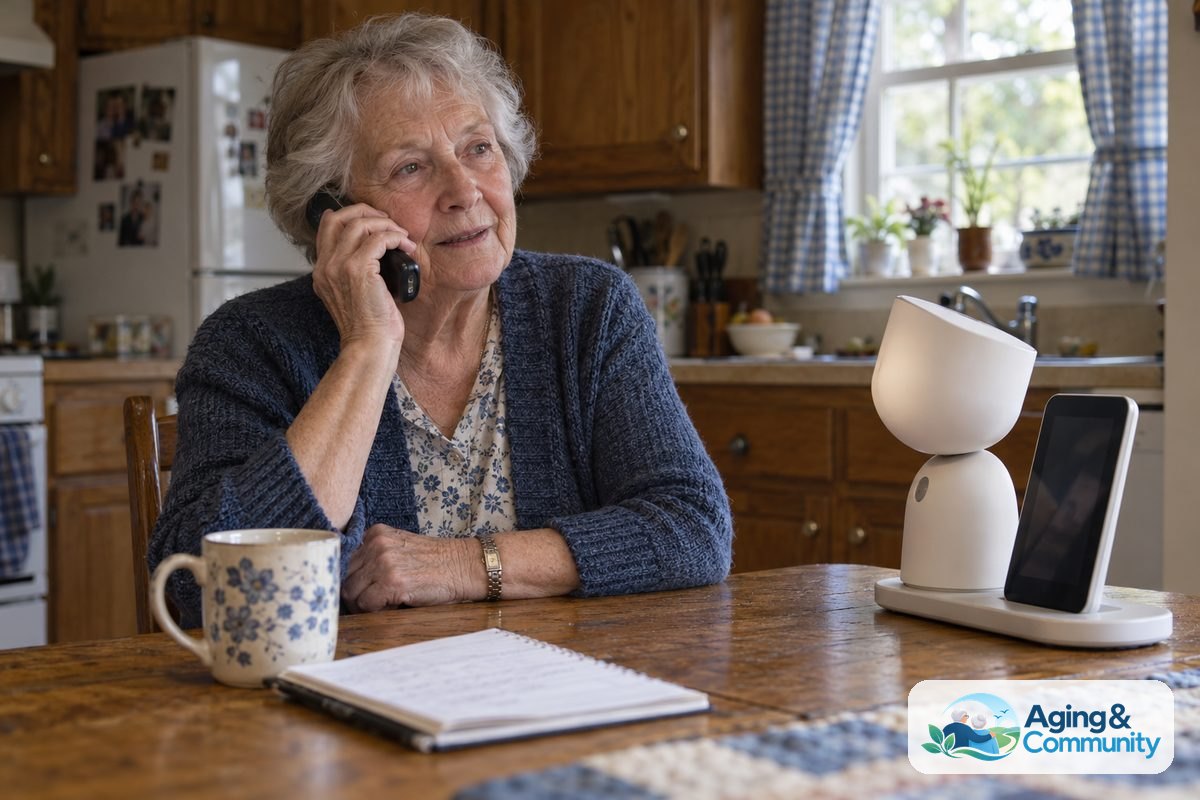 A woman sits at a wooden table holding a telephone beside an ElliQ device and an open notebook.