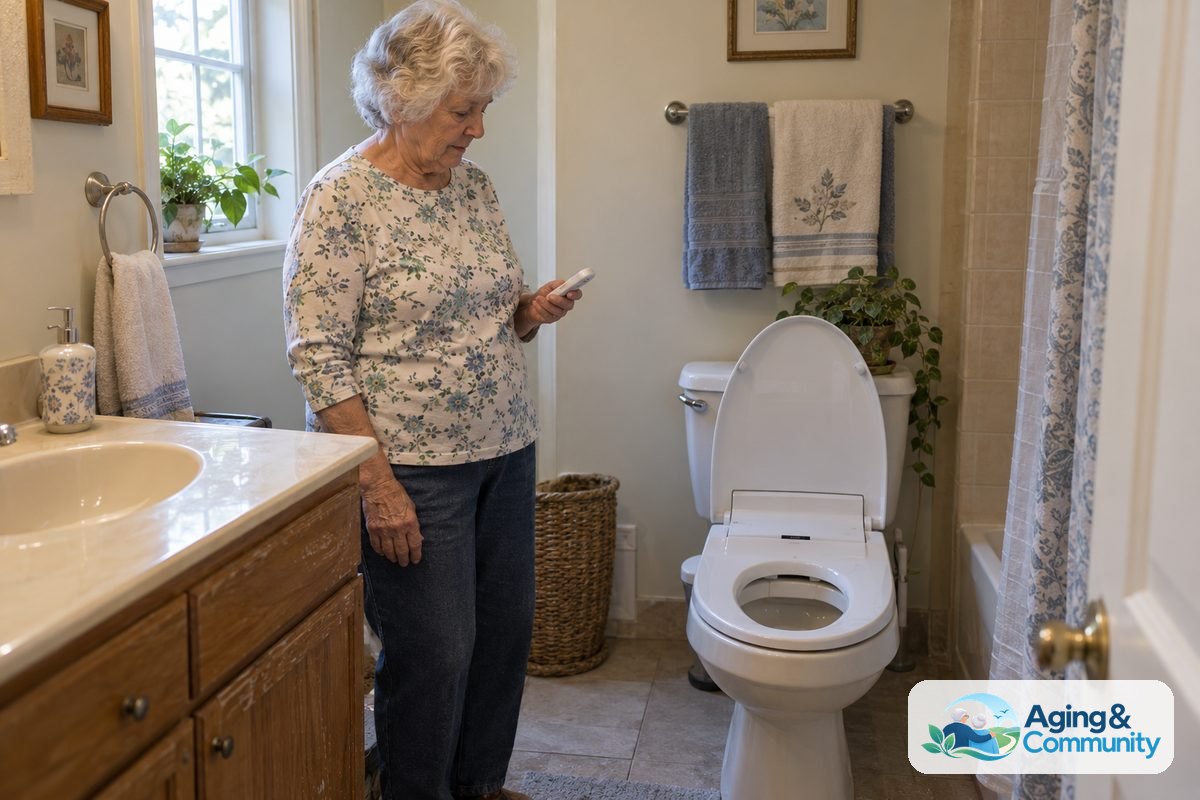 Bidet Seat Versus Bidet Toilet: A Helpful Guide 1 A woman stands beside a toilet with a raised bidet seat lid and holds a small wireless remote in a tiled bathroom.