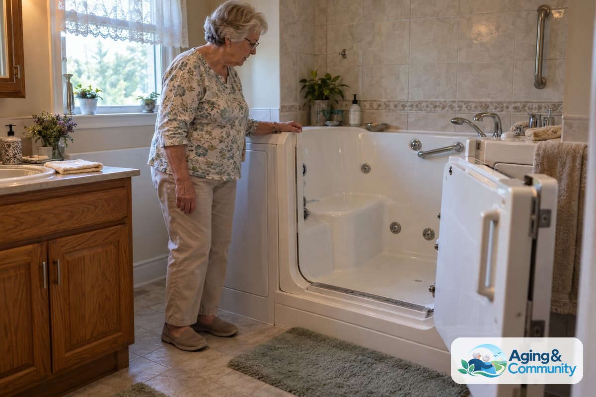 A woman stands beside an open walk in tub and rests one hand on its rim while looking at the built in seat.