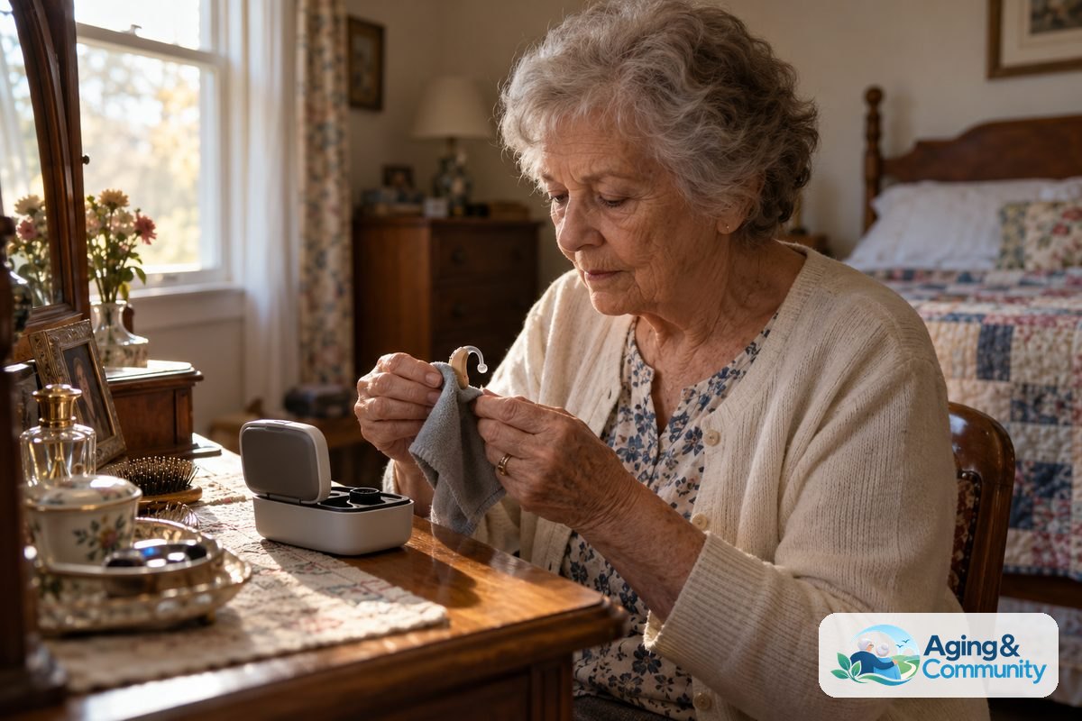 An older woman sits at a wooden bedroom dresser and wipes a hearing aid with a soft cloth beside an open drying unit.