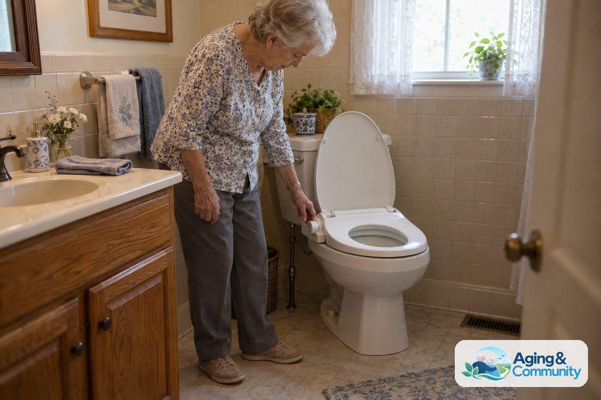 A woman stands beside an open toilet and rests her hand on the large dial of a white bidet seat.