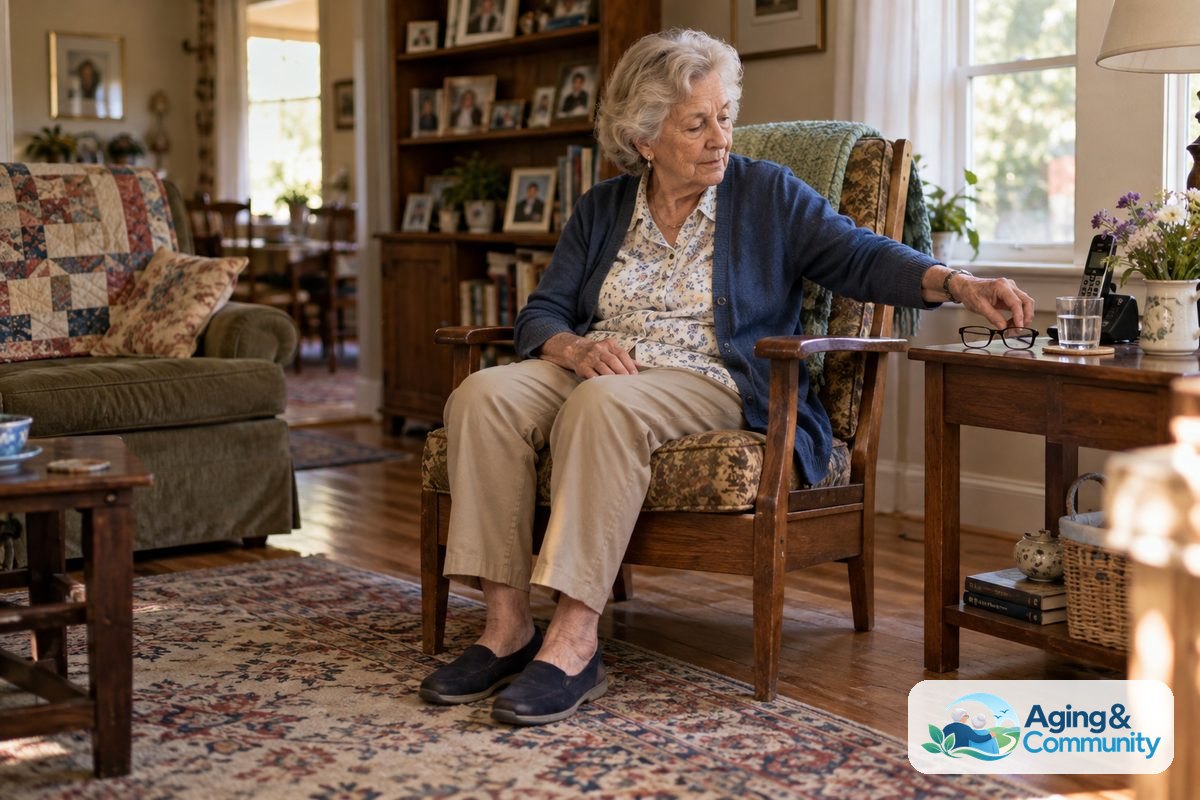 A woman sits in a wooden armchair beside a table holding her glasses, a phone, and a glass of water in a sunlit living room.