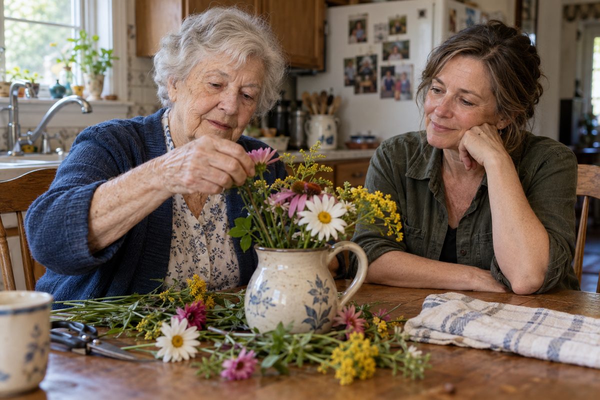 An older woman arranges flowers in a ceramic pitcher at a wooden kitchen table while another woman sits beside her.