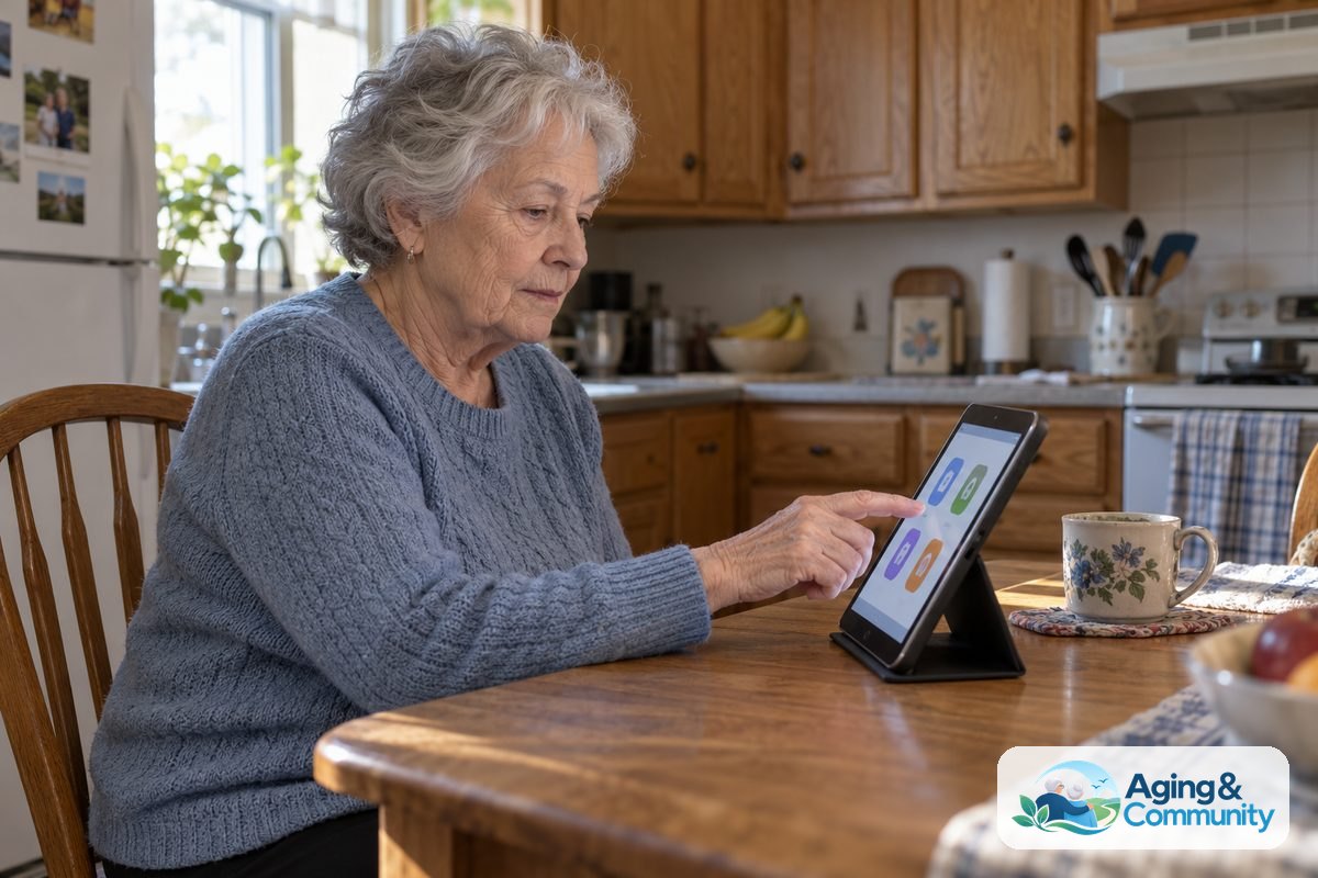 AI for Seniors With Memory Loss: A Practical Guide 2 An older woman seated at a wooden kitchen table taps a tablet resting upright beside a ceramic mug.