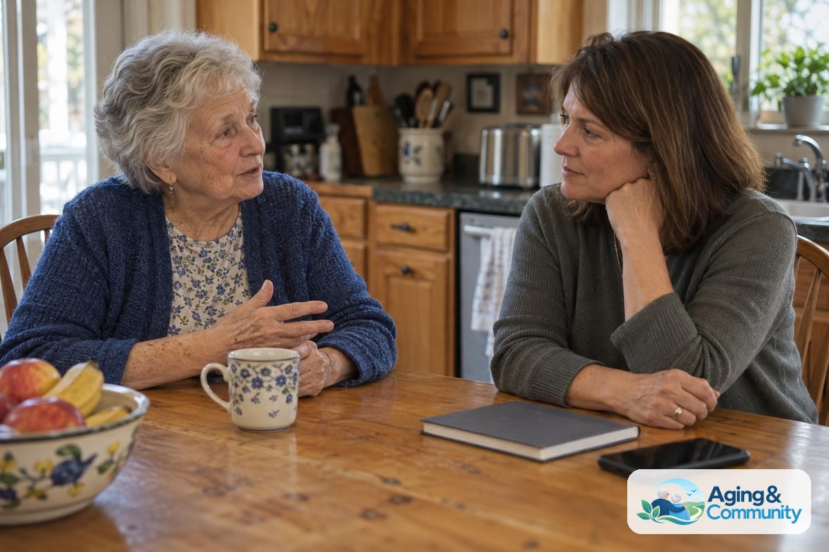 An older woman sits at a wooden kitchen table with a younger adult, a notebook, and a phone.