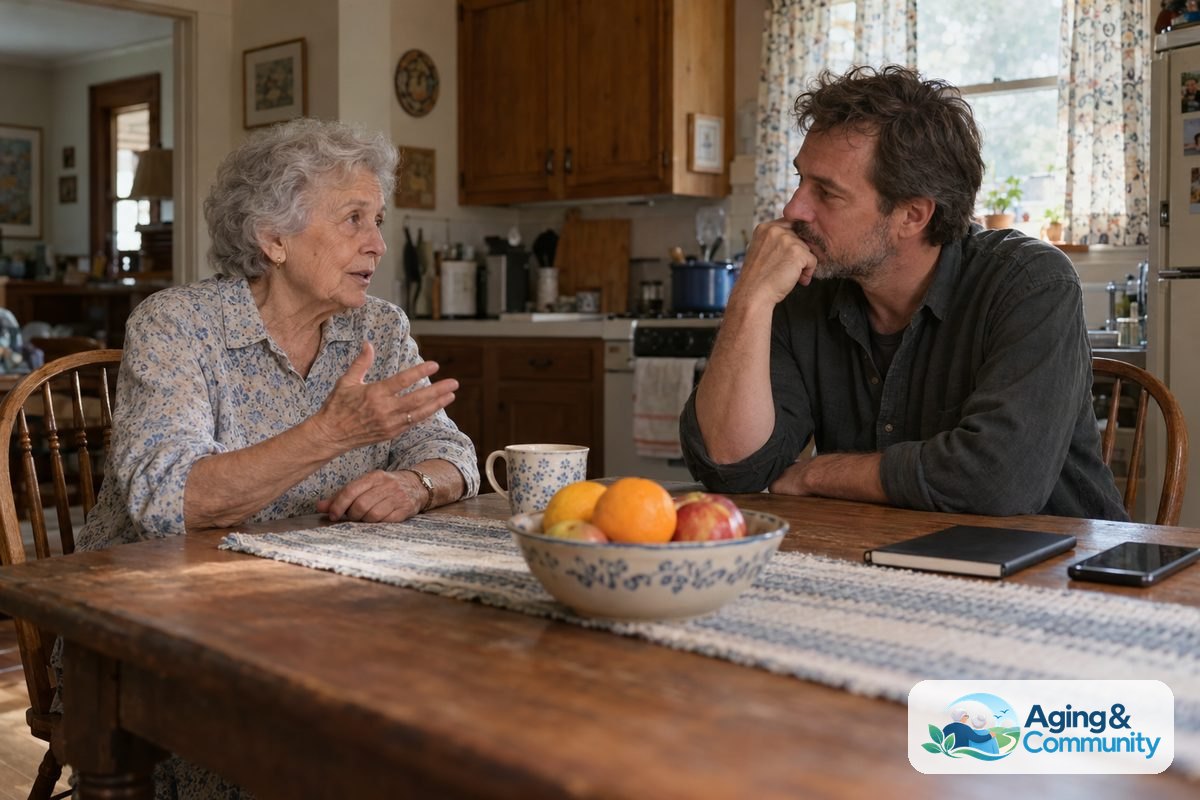 Smart Home Alternatives for Safer, Easier Living 6 An older woman gestures while speaking with a younger man across a kitchen table with a closed notebook and a face down phone.