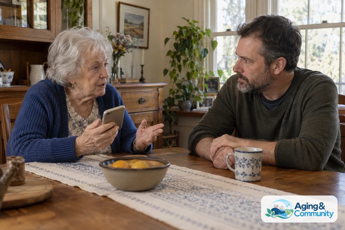 An older woman holds a smartphone while a younger man seated across the table listens to her.
