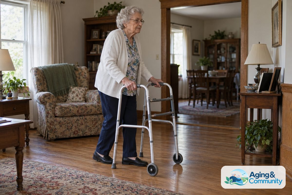 An older woman holds both grips of a front wheeled walker while standing upright between its rear posts in a living room.