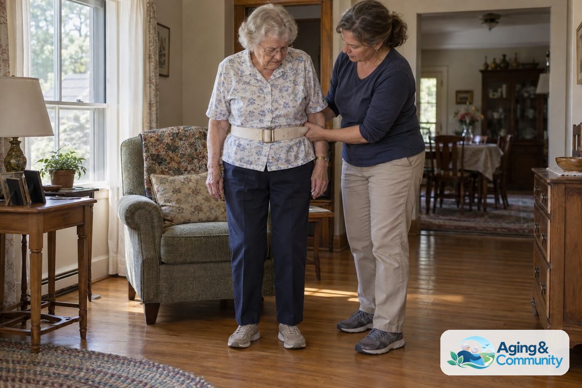 How to Use a Gait Belt Pictures and Step-by-Step Guide 1 A woman practices standing beside an armchair while a caregiver holds the gait belt around her clothed waist.
