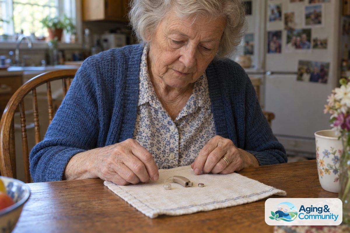 A woman sits at a wooden kitchen table with an open hearing aid battery drawer, a small button cell, and a soft cloth in front of her.