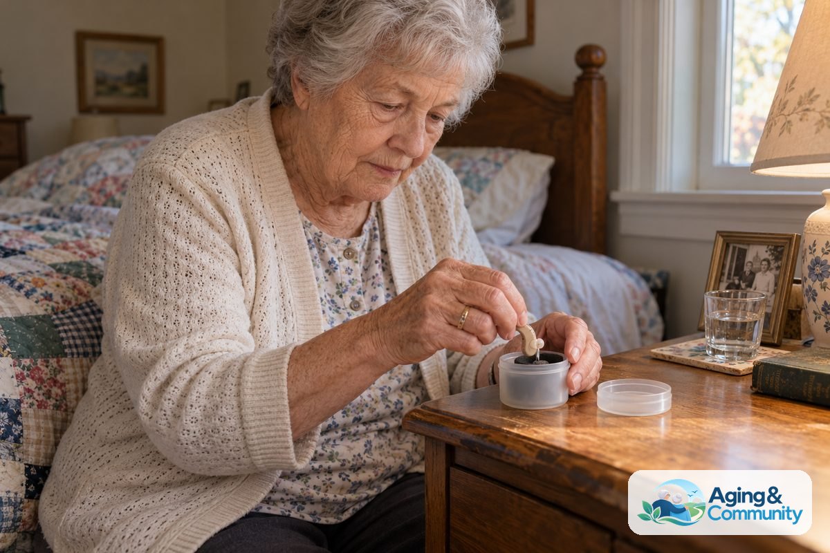 A woman sits beside a wooden nightstand and places a hearing aid into an open drying cup.