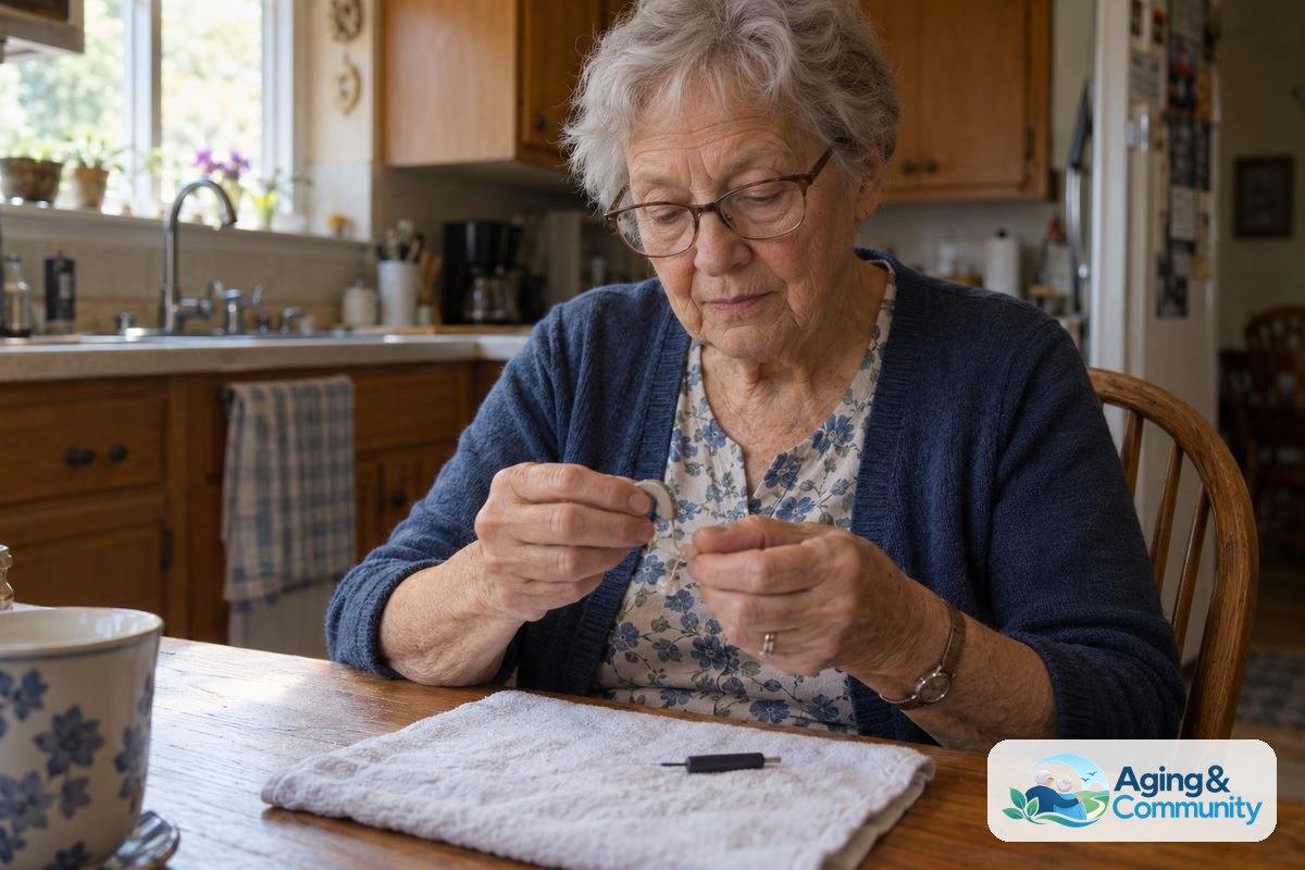 How to Use Hearing Aid Wax Guards: A Simple Guide 1 A woman seated at a wooden kitchen table examines a hearing aid above a soft towel with a replacement tool beside her.