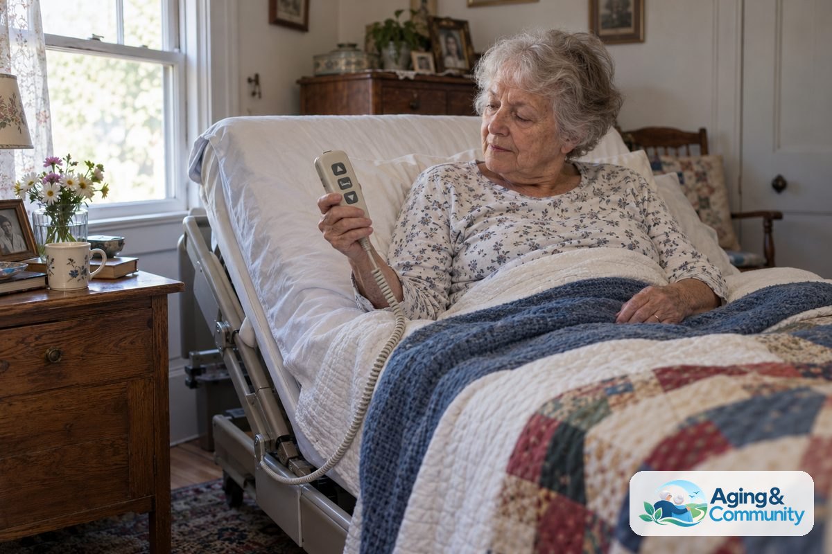 How to Use Hospital Bed Remote Controls Safely 1 A woman rests against the raised backrest of an adjustable bed while holding a corded pendant beside a wooden nightstand.