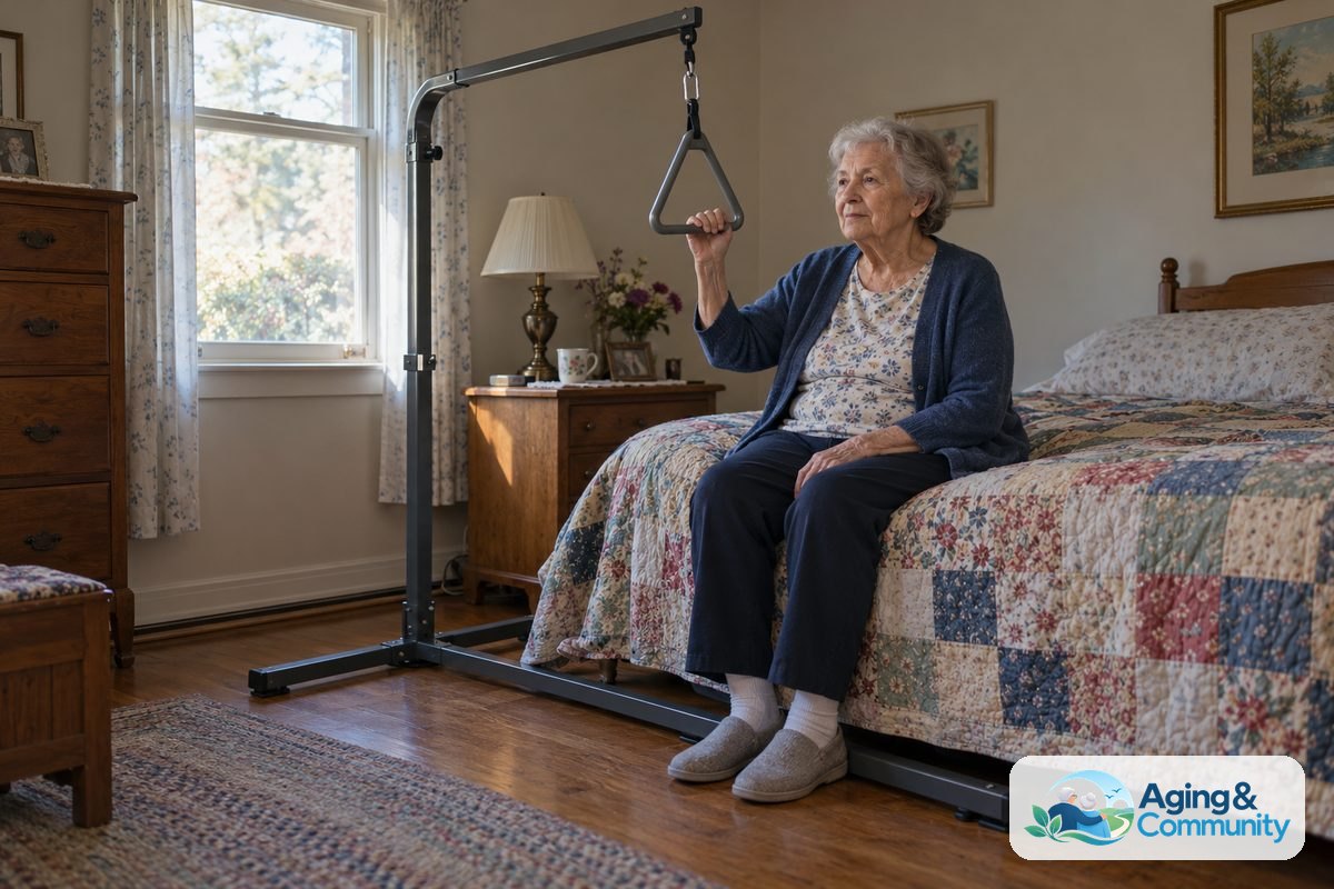 A woman sits upright on her bed with one hand resting on the triangular grip of an overhead trapeze frame.