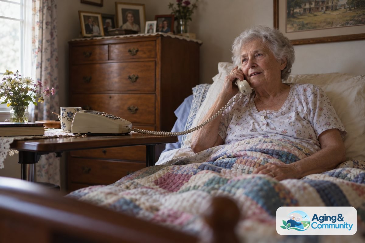 A woman rests against pillows in her home bedroom while holding a corded telephone receiver beside a nearby overbed table.