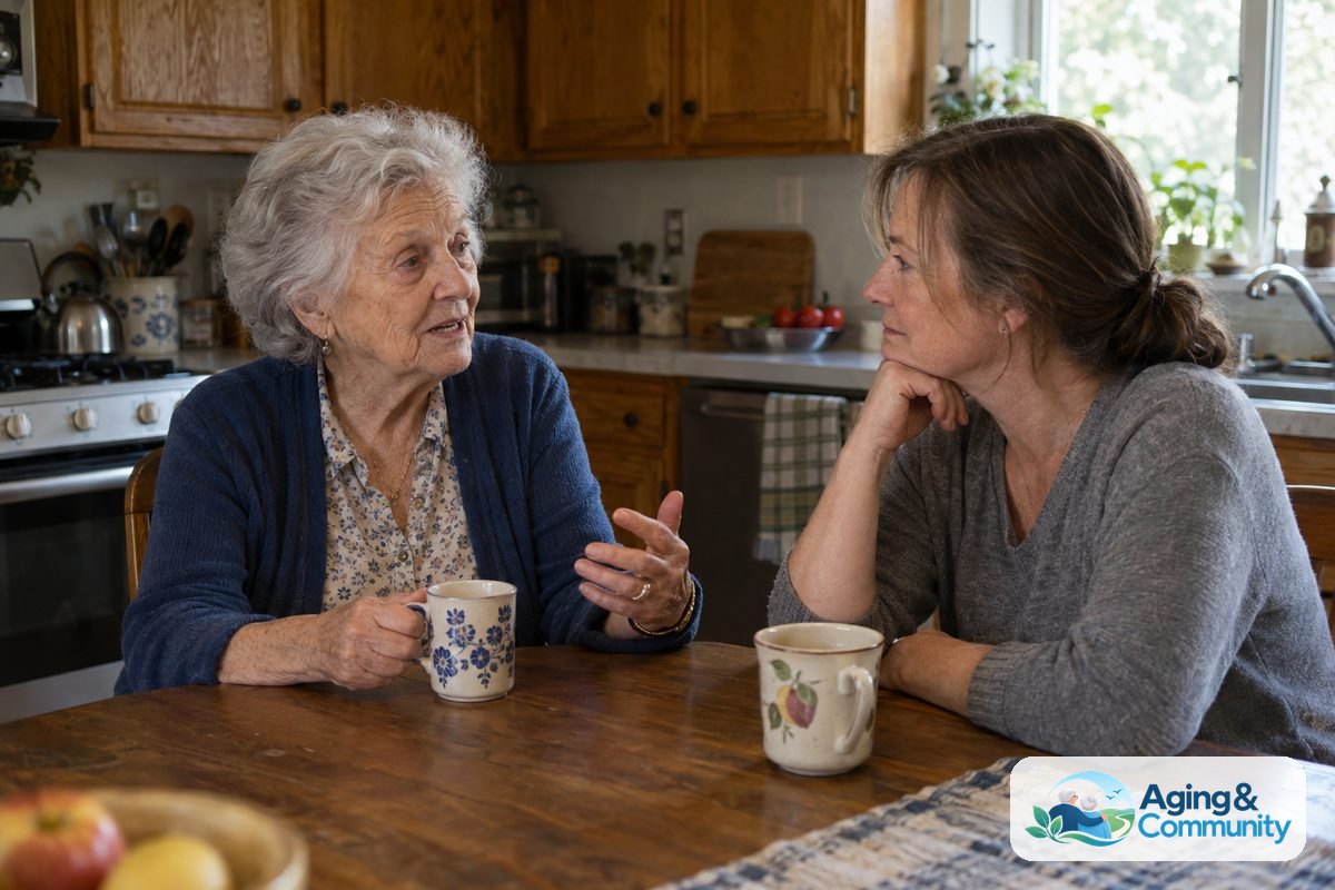 A woman in her late 70s sits at a kitchen table with a younger adult who listens while she speaks.