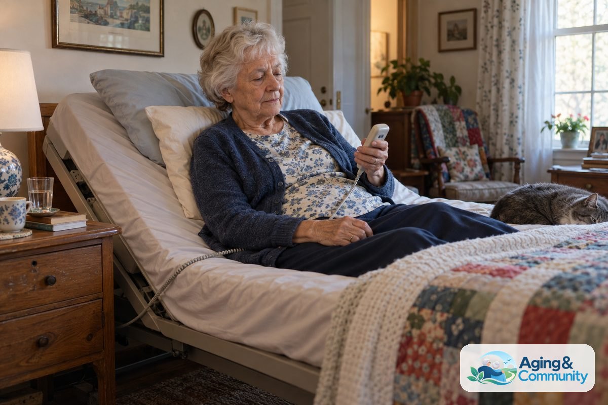 A woman sits upright on a home hospital bed and looks at the handheld control beside a quilt and wooden nightstand.