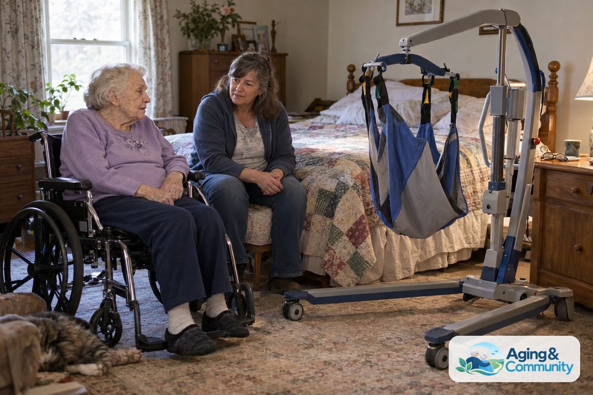 A woman sits in her wheelchair beside a family caregiver, with a mobile patient lift parked near her bed.