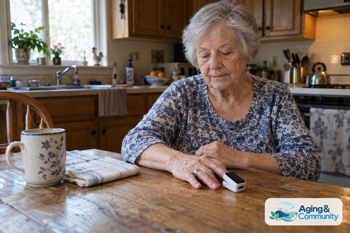 An older woman with manicured nails sits at a wooden kitchen table with a pulse oximeter clipped onto one bare fingernail.